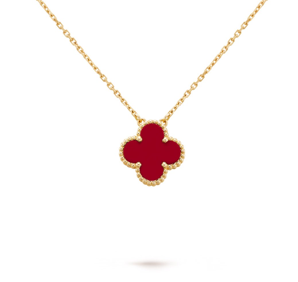 Single Clover , Carnelian Necklace